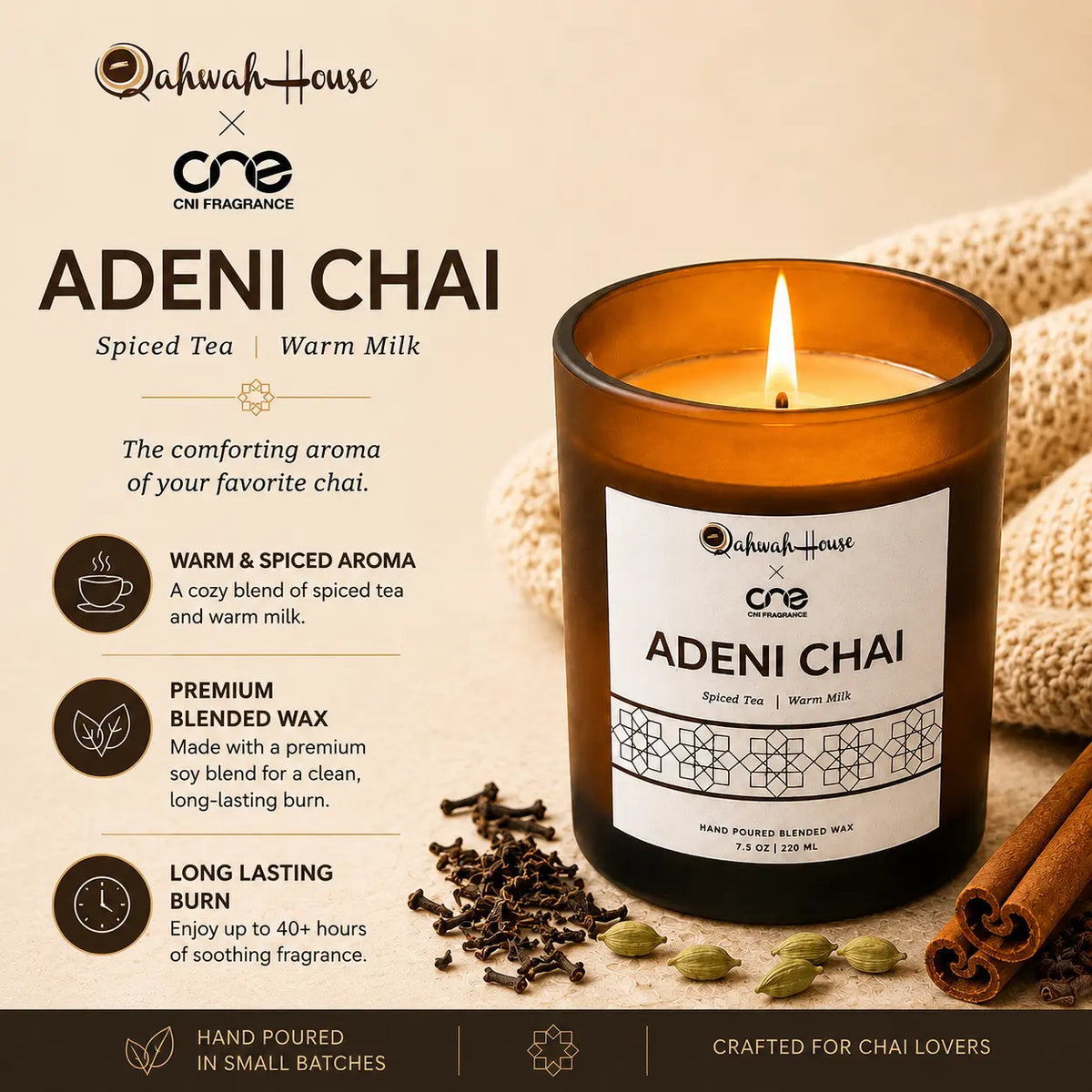 Adeni Chai Scented Candle - Spiced Tea, Warm Milk Fragrance CN1 Fragrance