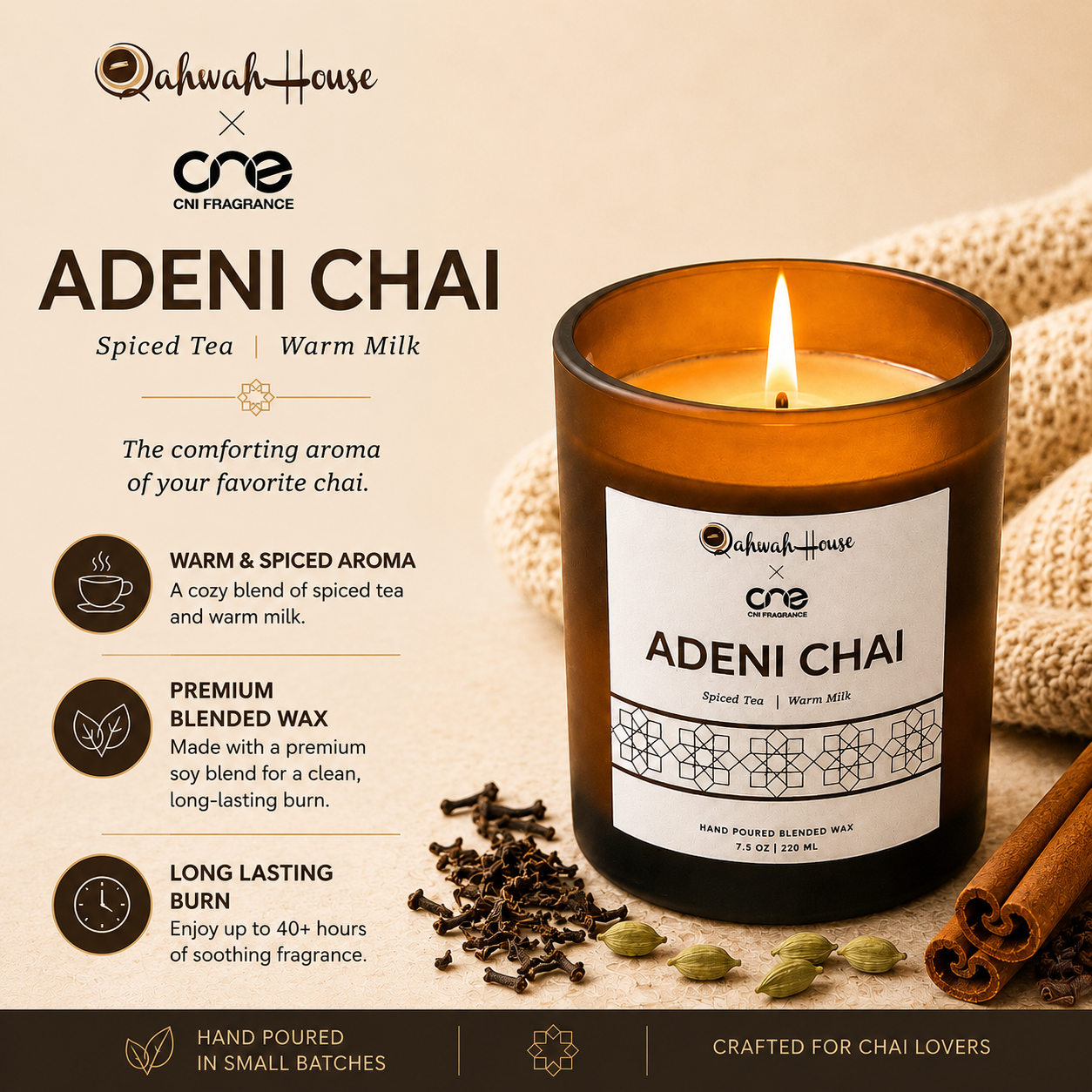Adeni Chai Scented Candle - Spiced Tea, Warm Milk Fragrance CN1 Fragrance