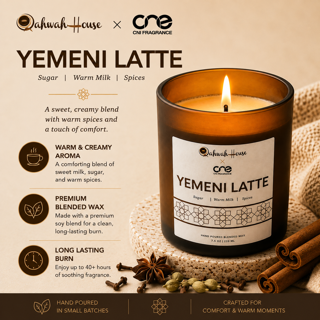 Yemeni Latte Scented Candle - Sweet Creamy Milk & Spice Scent CN1 Fragrance